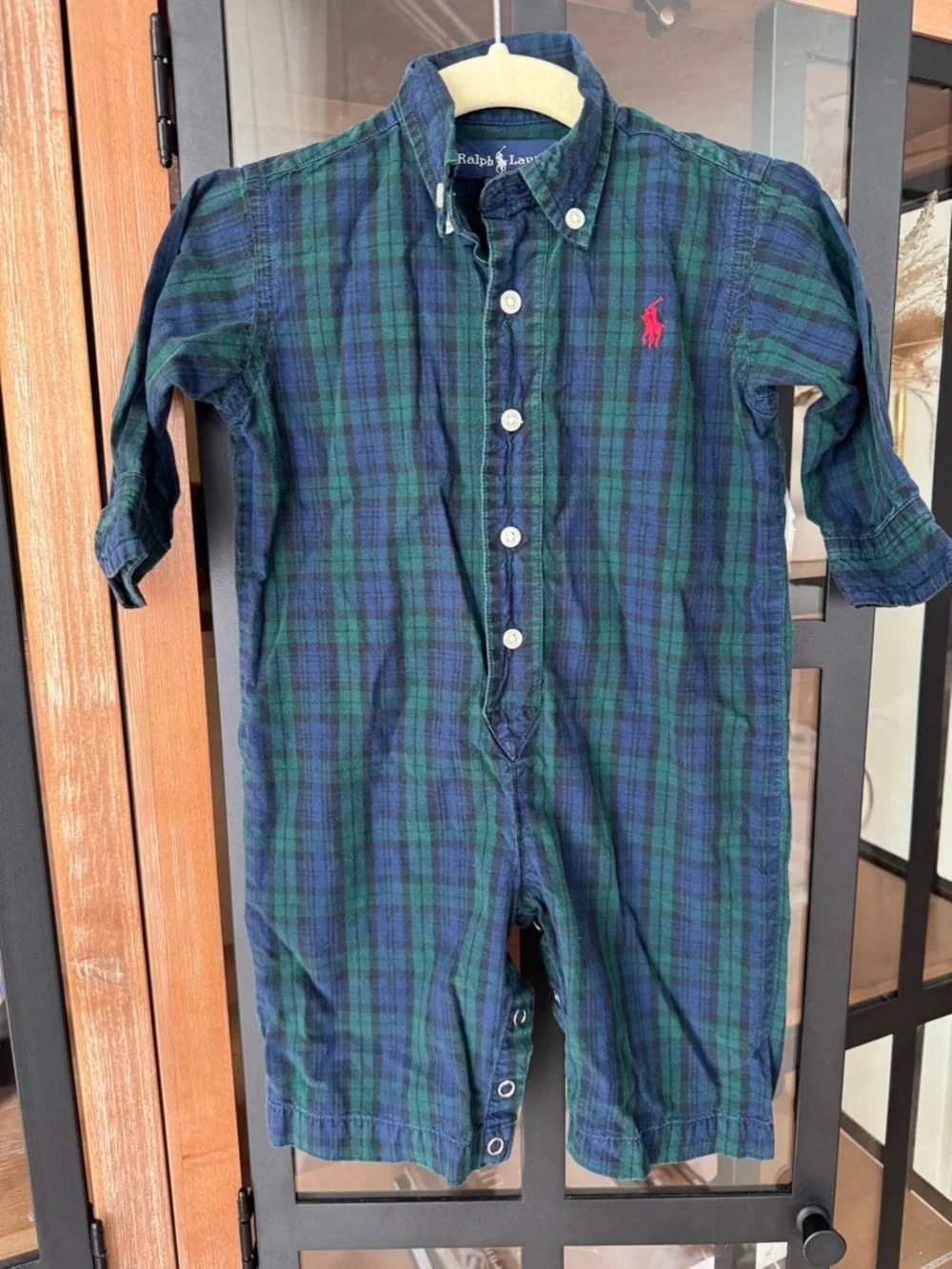 Ralph Lauren plaid coverall baby boy logo green navy long sleeve polo logo